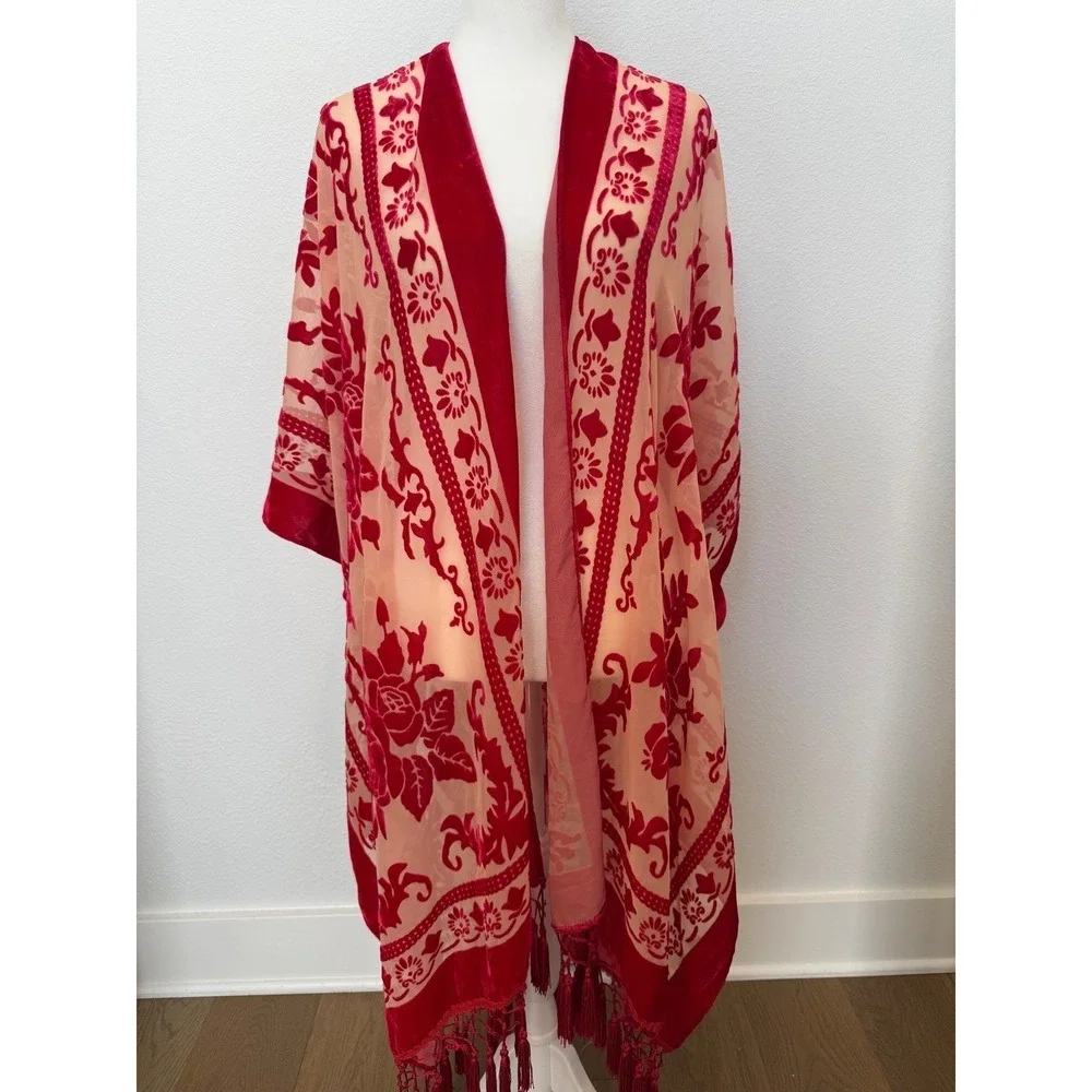 Free‎ People Kimono Sheer Velvet Burnout Floral Duster Red Boho Bohemian